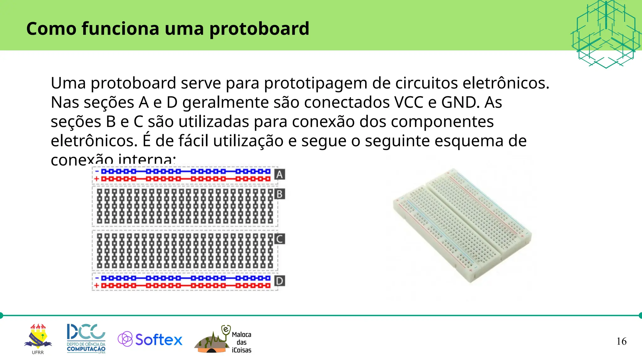 16
Uma protoboard serve para prototipagem de circuitos eletrônicos.
Nas seções A e D geralmente são conectados VCC e GND. As
seções B e C são utilizadas para conexão dos componentes
eletrônicos. É de fácil utilização e segue o seguinte esquema de
conexão interna:
Como funciona uma protoboard
 