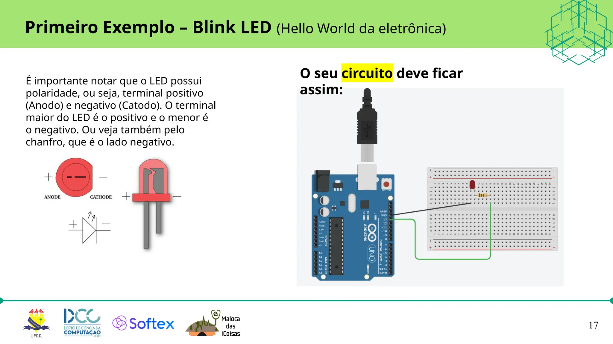 17
Primeiro Exemplo – Blink LED (Hello World da eletrônica)
É importante notar que o LED possui
polaridade, ou seja, terminal positivo
(Anodo) e negativo (Catodo). O terminal
maior do LED é o positivo e o menor é
o negativo. Ou veja também pelo
chanfro, que é o lado negativo.
O seu circuito deve ficar
assim:
 