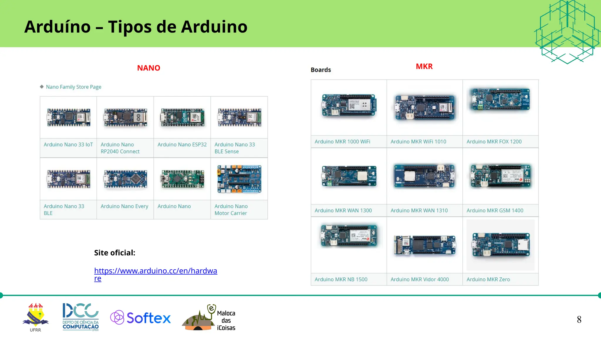 8
Arduíno – Tipos de Arduino
MKR
NANO
Site oficial:
https://www.arduino.cc/en/hardwa
re
 
