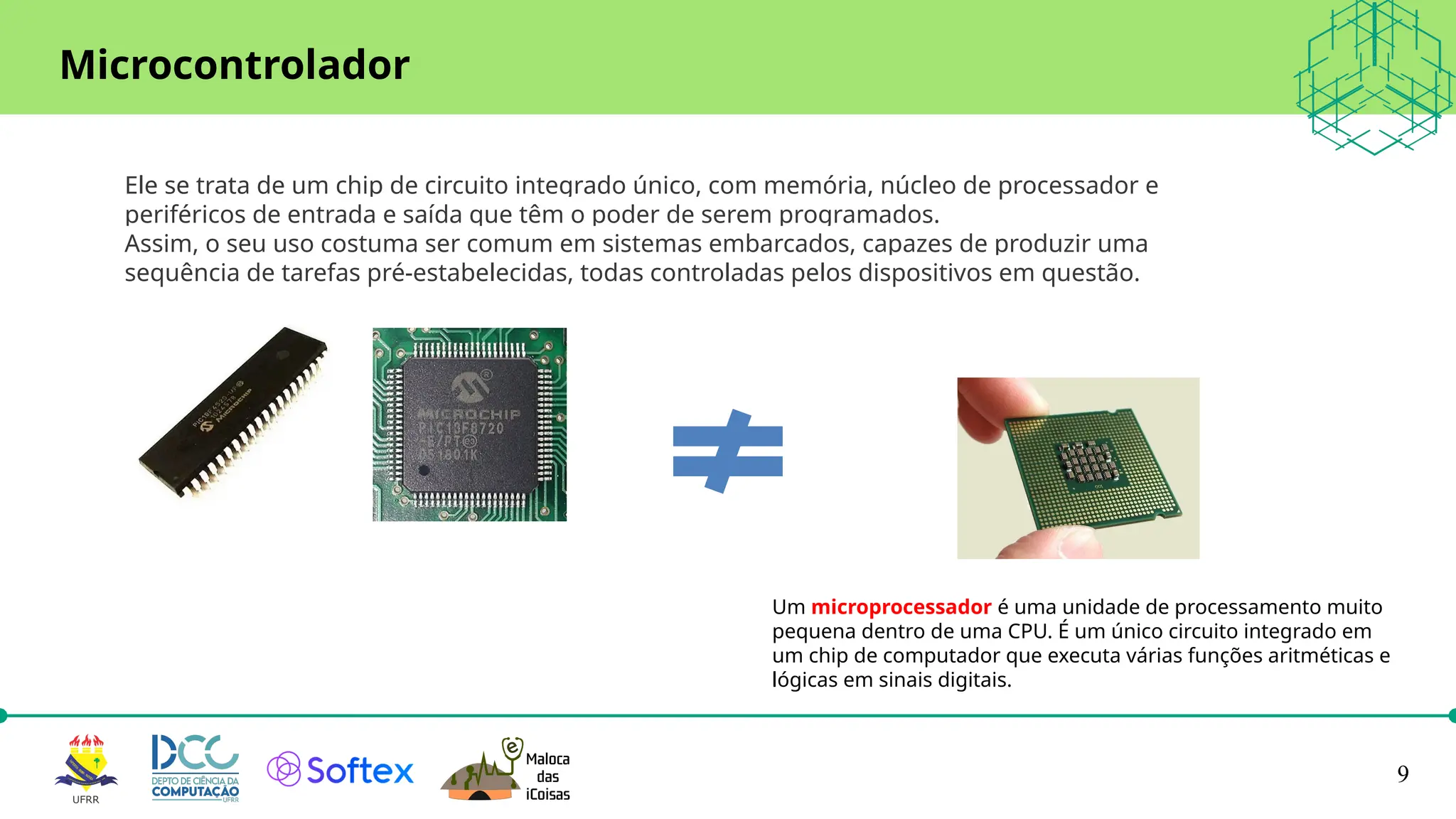 9
Ele se trata de um chip de circuito integrado único, com memória, núcleo de processador e
periféricos de entrada e saída que têm o poder de serem programados.
Assim, o seu uso costuma ser comum em sistemas embarcados, capazes de produzir uma
sequência de tarefas pré-estabelecidas, todas controladas pelos dispositivos em questão.
Microcontrolador
Um microprocessador é uma unidade de processamento muito
pequena dentro de uma CPU. É um único circuito integrado em
um chip de computador que executa várias funções aritméticas e
lógicas em sinais digitais.
 