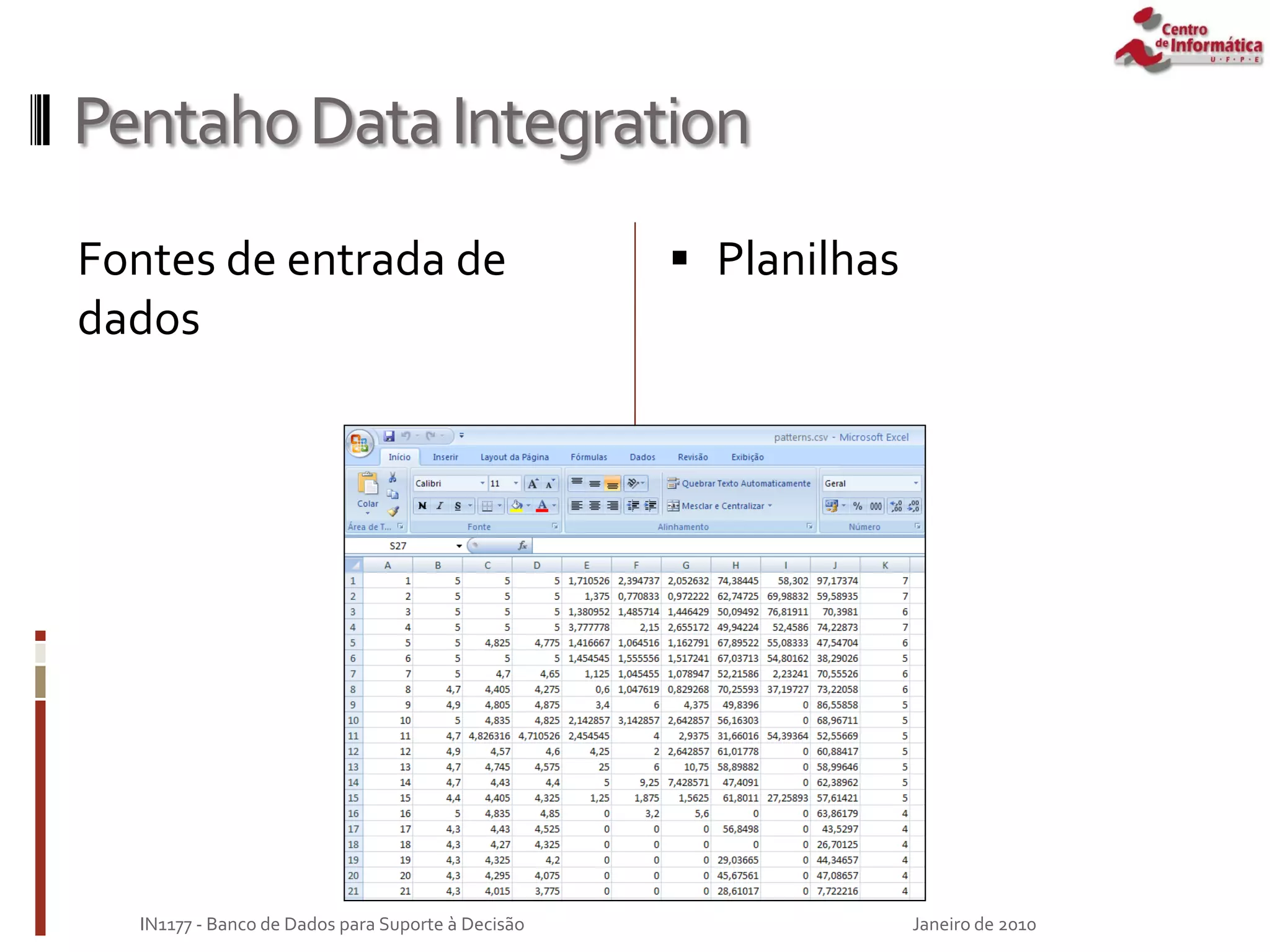 PentahoDataIntegration
Fontes de entrada de
dados
Janeiro de 2010
IN1177 - Banco de Dados para Suporte à Decisão
 Planilhas
 