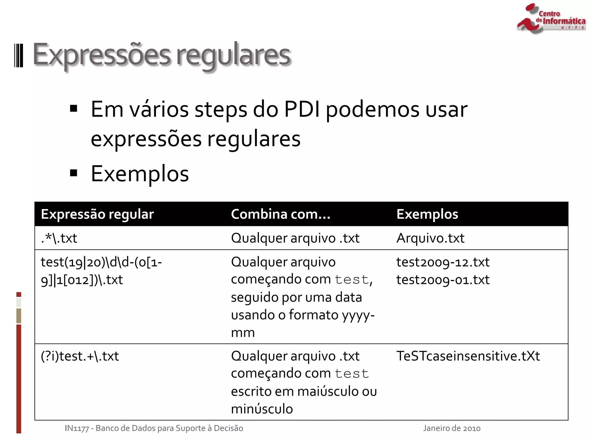 Expressõesregulares
 Em vários steps do PDI podemos usar
expressões regulares
 Exemplos
Janeiro de 2010
IN1177 - Banco de Dados para Suporte à Decisão
Expressão regular Combina com... Exemplos
.*.txt Qualquer arquivo .txt Arquivo.txt
test(19|20)dd-(0[1-
9]|1[012]).txt
Qualquer arquivo
começando com test,
seguido por uma data
usando o formato yyyy-
mm
test2009-12.txt
test2009-01.txt
(?i)test.+.txt Qualquer arquivo .txt
começando com test
escrito em maiúsculo ou
minúsculo
TeSTcaseinsensitive.tXt
 