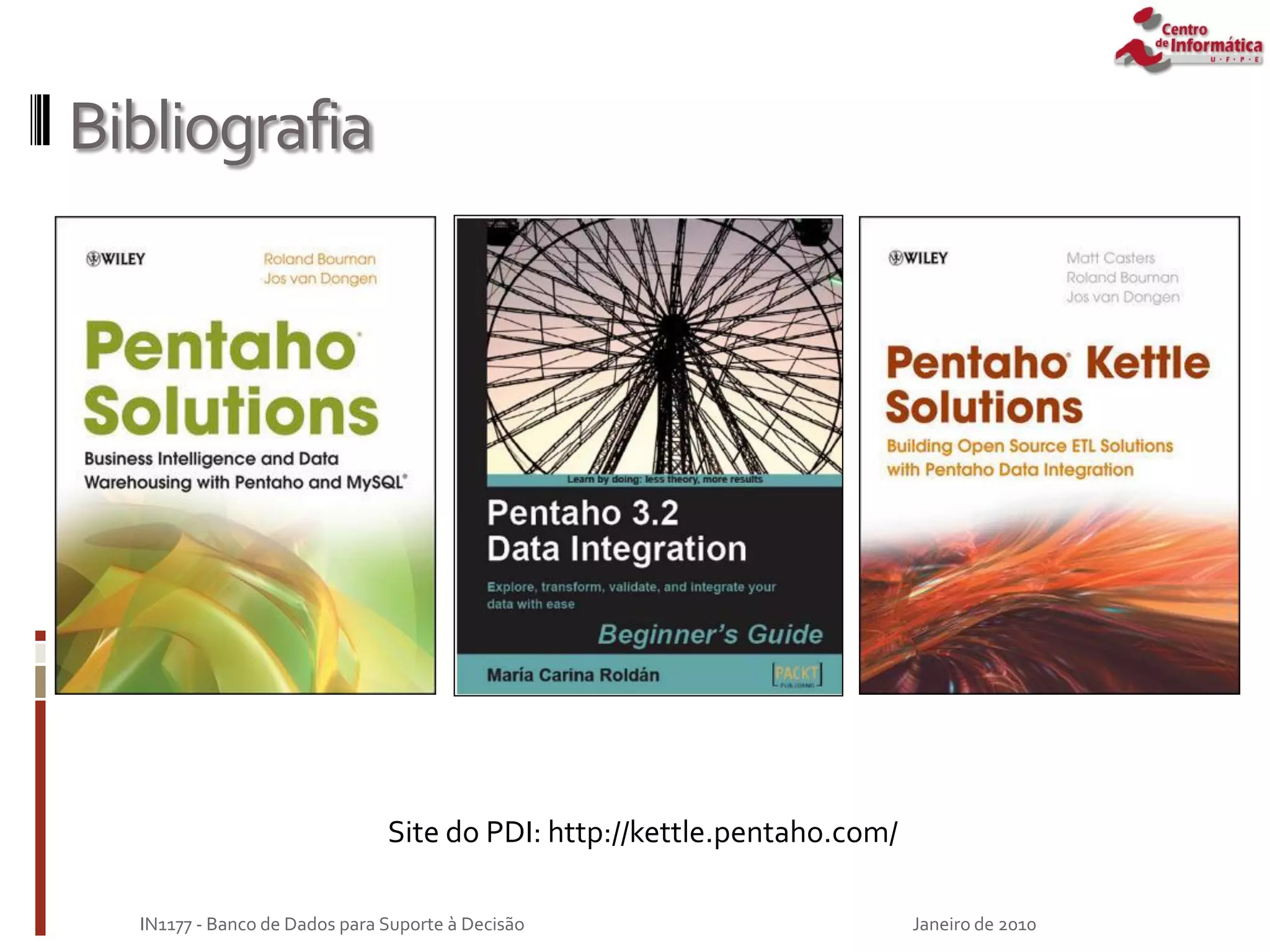 Bibliografia
Janeiro de 2010
IN1177 - Banco de Dados para Suporte à Decisão
Site do PDI: http://kettle.pentaho.com/
 