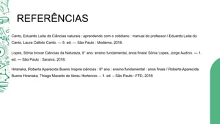 REFERÊNCIAS
Canto, Eduardo Leite do Ciências naturais : aprendendo com o cotidiano : manual do professor / Eduardo Leite do
Canto, Laura Celloto Canto. — 6. ed. — São Paulo : Moderna, 2018.
Lopes, Sônia Inovar Ciências da Natureza, 6° ano: ensino fundamental, anos finais/ Sônia Lopes, Jorge Audino. — 1.
ed. — São Paulo : Saraiva, 2018.
Hiranaka, Roberta Aparecida Bueno Inspire ciências : 6º ano : ensino fundamental : anos finais / Roberta Aparecida
Bueno Hiranaka, Thiago Macedo de Abreu Hortencio. – 1. ed. – São Paulo : FTD, 2018
 