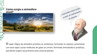 Como surgiu a atmosfera
atual?
A atmosfera atual surgiu
a partir do resfriamento
do planeta.
O vapor d’água da atmosfera primitiva se condensou, formando os oceanos. Juntamente
com esse vapor, outras moléculas de gases se uniram, formando aminoácidos e proteínas,
que deram origem aos primeiros seres vivos do planeta.
 