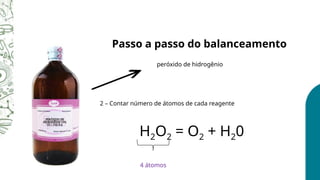 peróxido de hidrogênio
Passo a passo do balanceamento
H2O2 = O2 + H20
2 – Contar número de átomos de cada reagente
4 átomos
 