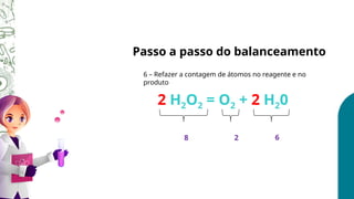 Passo a passo do balanceamento
2 H2O2 = O2 + 2 H20
6 – Refazer a contagem de átomos no reagente e no
produto
8 2 6
 