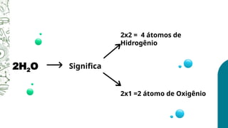 2H2O Significa
2x2 = 4 átomos de
Hidrogênio
2x1 =2 átomo de Oxigênio
 