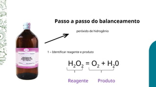 peróxido de hidrogênio
Passo a passo do balanceamento
1 – Identificar reagente e produto
H2O2 = O2 + H20
Reagente Produto
 