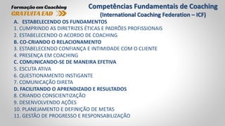 A. ESTABELECENDO OS FUNDAMENTOS
1. CUMPRINDO AS DIRETRIZES ÉTICAS E PADRÕES PROFISSIONAIS
2. ESTABELECENDO O ACORDO DE COACHING
B. CO-CRIANDO O RELACIONAMENTO
3. ESTABELECENDO CONFIANÇA E INTIMIDADE COM O CLIENTE
4. PRESENÇA EM COACHING
C. COMUNICANDO-SE DE MANEIRA EFETIVA
5. ESCUTA ATIVA
6. QUESTIONAMENTO INSTIGANTE
7. COMUNICAÇÃO DIRETA
D. FACILITANDO O APRENDIZADO E RESULTADOS
8. CRIANDO CONSCIENTIZAÇÃO
9. DESENVOLVENDO AÇÕES
10. PLANEJAMENTO E DEFINIÇÃO DE METAS
11. GESTÃO DE PROGRESSO E RESPONSABILIZAÇÃO
Competências Fundamentais de Coaching
(International Coaching Federation – ICF)
 