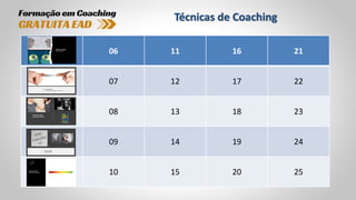 Técnicas de Coaching
01 06 11 16 21
02 07 12 17 22
03 08 13 18 23
04 09 14 19 24
05 10 15 20 25
 