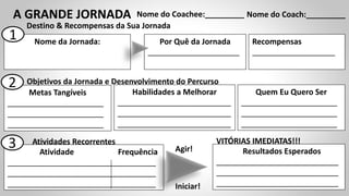 A GRANDE JORNADA Nome do Coachee:_________ Nome do Coach:_________
Nome da Jornada: Por Quê da Jornada
_____________________
Recompensas
___________________
Objetivos da Jornada e Desenvolvimento do Percurso
Metas Tangíveis
______________________
______________________
______________________
Habilidades a Melhorar
__________________________
__________________________
__________________________
Quem Eu Quero Ser
______________________
______________________
______________________
Atividades Recorrentes
Atividade Frequência
__________________________________
__________________________________
__________________________________
1
2
3 Agir!
Destino & Recompensas da Sua Jornada
Iniciar!
VITÓRIAS IMEDIATAS!!!
Resultados Esperados
____________________________
____________________________
____________________________
 