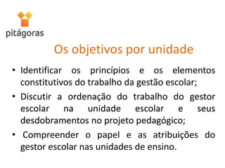 Os objetivos por unidade
• Identificar os princípios e os elementos
constitutivos do trabalho da gestão escolar;
• Discutir a ordenação do trabalho do gestor
escolar na unidade escolar e seus
desdobramentos no projeto pedagógico;
• Compreender o papel e as atribuições do
gestor escolar nas unidades de ensino.
 