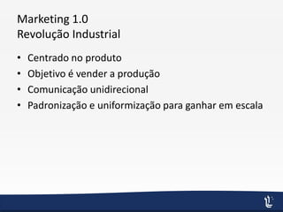 Marketing 1.0
Revolução Industrial
• Centrado no produto
• Objetivo é vender a produção
• Comunicação unidirecional
• Padronização e uniformização para ganhar em escala
 