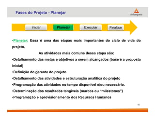 Fases do Projeto - Planejar
Iniciar Planejar Executar Finalizar
•Planejar: Essa é uma das etapas mais importantes do ciclo de vida do
projeto.
As atividades mais comuns dessa etapa são:
•Detalhamento das metas e objetivos a serem alcançados (base é a proposta
10
•Detalhamento das metas e objetivos a serem alcançados (base é a proposta
inicial)
•Definição do gerente do projeto
•Detalhamento das atividades e estruturação analítica do projeto
•Programação das atividades no tempo disponível e/ou necessário.
•Determinação dos resultados tangíveis (marcos ou “milestones”)
•Programação e aprovisionamento dos Recursos Humanos
 
