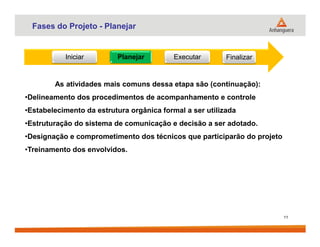 Fases do Projeto - Planejar
Iniciar Planejar Executar Finalizar
As atividades mais comuns dessa etapa são (continuação):
•Delineamento dos procedimentos de acompanhamento e controle
•Estabelecimento da estrutura orgânica formal a ser utilizada
•Estruturação do sistema de comunicação e decisão a ser adotado.
11
•Estruturação do sistema de comunicação e decisão a ser adotado.
•Designação e comprometimento dos técnicos que participarão do projeto
•Treinamento dos envolvidos.
 