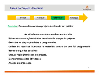 Fases do Projeto - Executar
Iniciar Planejar Executar Finalizar
Executar: Essa é a fase onde o projeto é colocado em prática
As atividades mais comuns dessa etapa são :
•Ativar a comunicação entre os membros da equipe do projeto
12
•Ativar a comunicação entre os membros da equipe do projeto
•Executar as etapas previstas e programadas
•Utilizar os recursos humanos e materiais dentro do que foi programado
(dentro do que for possível)
•Efetuar reprogramações do projeto.
•Monitoramento das atividades
•Análise do progresso
 