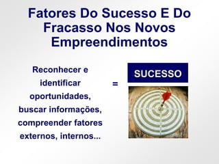 Fatores Do Sucesso E Do
Fracasso Nos Novos
Empreendimentos
Reconhecer e
identificar
oportunidades,
buscar informações,
compreender fatores
externos, internos...
SUCESSO
=
 