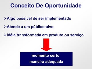 Conceito De Oportunidade
Algo possível de ser implementado
Atende a um público-alvo
Idéia transformada em produto ou serviço
momento certo
maneira adequada
 