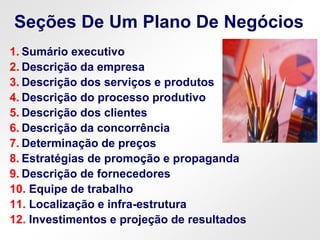 Seções De Um Plano De Negócios
1. Sumário executivo
2. Descrição da empresa
3. Descrição dos serviços e produtos
4. Descrição do processo produtivo
5. Descrição dos clientes
6. Descrição da concorrência
7. Determinação de preços
8. Estratégias de promoção e propaganda
9. Descrição de fornecedores
10. Equipe de trabalho
11. Localização e infra-estrutura
12. Investimentos e projeção de resultados
 