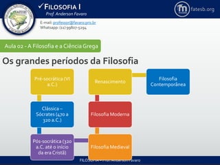FILOSOFIA I
Prof. Anderson Favaro
FILOSOFIA – Prof. Anderson Favaro
E-mail: professor@favaro.pro.br
Whatsapp: (11) 99807-5294
fatesb.org
Aula 02 - A Filosofia e a CiênciaGrega
Os grandes períodos da Filosofia
Pré-socrática (VI
a.C.)
Clássica –
Sócrates (470 a
320 a.C.)
Pós-socrática (320
a.C. até o início
da era Cristã)
Filosofia Medieval
Filosofia Moderna
Renascimento
Filosofia
Contemporânea
 
