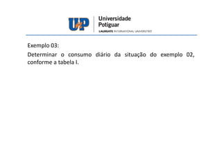 Exemplo 03:
Determinar o consumo diário da situação do exemplo 02,
conforme a tabela I.
 