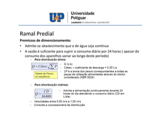 Ramal Predial
Premissas de dimensionamento:
• Admite-se abastecimento que o de água seja contínuo
• A vazão é suficiente para suprir o consumo diário por 24 horas ( apesar do
consumo dos aparelhos variar ao longo deste período)
 