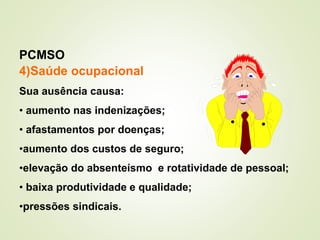 4)Saúde ocupacional
Sua ausência causa:
• aumento nas indenizações;
• afastamentos por doenças;
•aumento dos custos de seguro;
•elevação do absenteísmo e rotatividade de pessoal;
• baixa produtividade e qualidade;
•pressões sindicais.
PCMSO
 