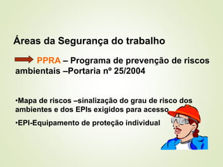 Áreas da Segurança do trabalho
PPRA – Programa de prevenção de riscos
ambientais –Portaria nº 25/2004
•Mapa de riscos –sinalização do grau de risco dos
ambientes e dos EPIs exigidos para acesso.
•EPI-Equipamento de proteção individual
 