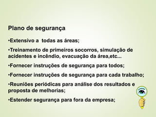 Plano de segurança
•Extensivo a todas as áreas;
•Treinamento de primeiros socorros, simulação de
acidentes e incêndio, evacuação da área,etc...
•Fornecer instruções de segurança para todos;
•Fornecer instruções de segurança para cada trabalho;
•Reuniões periódicas para análise dos resultados e
proposta de melhorias;
•Estender segurança para fora da empresa;
 