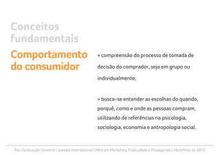 Pós-Graduação Uninorte Laureate International | MBA em Marketing, Publicidade e Propaganda | Abril/Maio de 2013
» compreensão do processo de tomada de
decisão do comprador, seja em grupo ou
individualmente;
» busca-se entender as escolhas do quando,
porquê, como e onde as pessoas compram,
utilizando de referências na psicologia,
sociologia, economia e antropologia social.
Conceitos
fundamentais
Comportamento
do consumidor
 