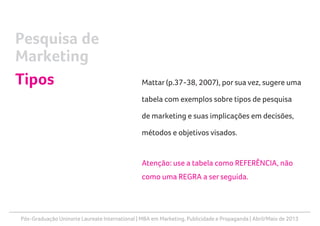 Pós-Graduação Uninorte Laureate International | MBA em Marketing, Publicidade e Propaganda | Abril/Maio de 2013
Mattar (p.37-38, 2007), por sua vez, sugere uma
tabela com exemplos sobre tipos de pesquisa
de marketing e suas implicações em decisões,
métodos e objetivos visados.
Atenção: use a tabela como REFERÊNCIA, não
como uma REGRA a ser seguida.
Pesquisa de
Marketing
Tipos
 