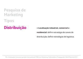 Pós-Graduação Uninorte Laureate International | MBA em Marketing, Publicidade e Propaganda | Abril/Maio de 2013
» Localização industrial, comercial e
residencial: definir estratégia de canais de
distribuição; definir estratégias de logística.
Pesquisa de
Marketing
Tipos
Distribuição
 