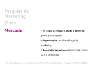 Pós-Graduação Uninorte Laureate International | MBA em Marketing, Publicidade e Propaganda | Abril/Maio de 2013
» Potencial de mercado, oferta e demanda:
prever e orçarvendas;
» Segmentação: canalizar esforços de
marketing;
» Comportamento de compra: interagir melhor
com o consumidor.
Pesquisa de
Marketing
Tipos
Mercado
 