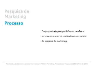 Pós-Graduação Uninorte Laureate International | MBA em Marketing, Publicidade e Propaganda | Abril/Maio de 2013
Conjunto de etapas que define as tarefas a
serem executadas na realização de um estudo
de pesquisa de marketing.
Pesquisa de
Marketing
Processo
 