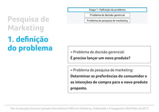 Pós-Graduação Uninorte Laureate International | MBA em Marketing, Publicidade e Propaganda | Abril/Maio de 2013
» Problema de decisão gerencial:
É preciso lançar um novo produto?
» Problema de pesquisa de marketing:
Determinar as preferências do consumidor e
as intenções de compra para o novo produto
proposto.
Pesquisa de
Marketing
1. definição
do problema
 