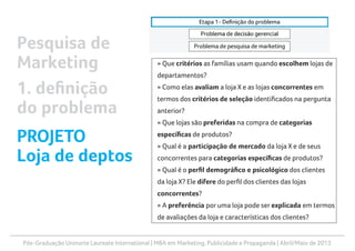 Pós-Graduação Uninorte Laureate International | MBA em Marketing, Publicidade e Propaganda | Abril/Maio de 2013
» Que critérios as famílias usam quando escolhem lojas de
departamentos?
» Como elas avaliam a loja X e as lojas concorrentes em
termos dos critérios de seleção identificados na pergunta
anterior?
» Que lojas são preferidas na compra de categorias
específicas de produtos?
» Qual é a participação de mercado da loja X e de seus
concorrentes para categorias específicas de produtos?
» Qual é o perfil demográfico e psicológico dos clientes
da loja X? Ele difere do perfil dos clientes das lojas
concorrentes?
» A preferência por uma loja pode ser explicada em termos
de avaliações da loja e características dos clientes?
Pesquisa de
Marketing
1. definição
do problema
PROJETO
Loja de deptos
 