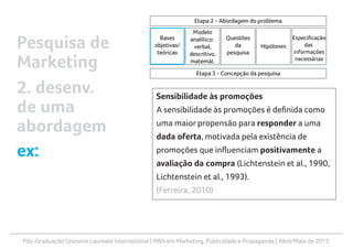 Pós-Graduação Uninorte Laureate International | MBA em Marketing, Publicidade e Propaganda | Abril/Maio de 2013
Sensibilidade às promoções
A sensibilidade às promoções é definida como
uma maior propensão para responder a uma
dada oferta, motivada pela existência de
promoções que influenciam positivamente a
avaliação da compra (Lichtenstein et al., 1990,
Lichtenstein et al., 1993).
(Ferreira, 2010)
Pesquisa de
Marketing
2. desenv.
de uma
abordagem
ex:
 