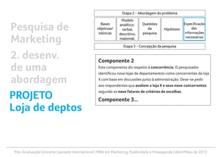 Pós-Graduação Uninorte Laureate International | MBA em Marketing, Publicidade e Propaganda | Abril/Maio de 2013
Componente 2
Este componente diz respeito à concorrência. O pesquisador
identificou nove lojas de departamentos como concorrentes da loja
X com base em discussões junto à administração. Deve-se pedir
aos respondentes que avaliem a loja X e seus nove concorrentes
segundo os nove fatores de critérios de escolhas.
Componente 3...
Pesquisa de
Marketing
2. desenv.
de uma
abordagem
PROJETO
Loja de deptos
 