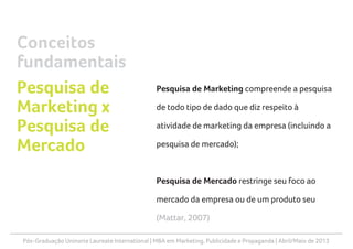 Pós-Graduação Uninorte Laureate International | MBA em Marketing, Publicidade e Propaganda | Abril/Maio de 2013
Pesquisa de Marketing compreende a pesquisa
de todo tipo de dado que diz respeito à
atividade de marketing da empresa (incluindo a
pesquisa de mercado);
Pesquisa de Mercado restringe seu foco ao
mercado da empresa ou de um produto seu
(Mattar, 2007)
Conceitos
fundamentais
Pesquisa de
Marketing x
Pesquisa de
Mercado
 