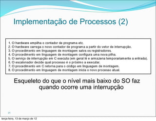 Implementação de Processos (2)




          Esqueleto do que o nível mais baixo do SO faz
                  quando ocorre uma interrupção



     15

terça-feira, 13 de março de 12
 