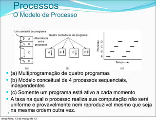 Processos
         O Modelo de Processo




   — (a) Multiprogramação de quatro programas
   — (b) Modelo conceitual de 4 processos sequenciais,
      independentes
   — (c) Somente um programa está ativo a cada momento
   — A taxa na qual o processo realiza sua computação não será
      uniforme e provavelmente nem reproduzível mesmo que seja
    4
      na mesma ordem outra vez.
terça-feira, 13 de março de 12
 