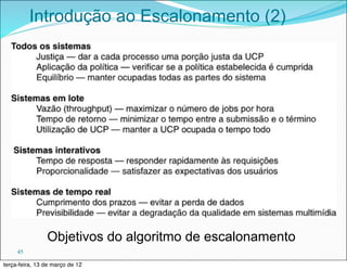 Introdução ao Escalonamento (2)




                Objetivos do algoritmo de escalonamento
     45

terça-feira, 13 de março de 12
 