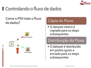 Controlandoofluxodedados
Como o PDI trata o fluxo
de dados?
Cópia do Fluxo
• O dataset inteiro é
copiado para os steps
subsequentes
Distribuição do Fluxo
• O dataset é distribuído
em partes iguais e
enviado para os steps
subsequentes
Janeiro de 2010IN1177 - Banco de Dados para Suporte à Decisão
 