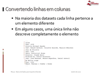 Convertendolinhasemcolunas
 Na maioria dos datasets cada linha pertence a
um elemento diferente
 Em alguns casos, uma única linha não
descreve completamente o elemento
Janeiro de 2010IN1177 - Banco de Dados para Suporte à Decisão
 