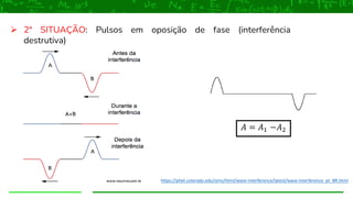 ➢ 2ª SITUAÇÃO: Pulsos em oposição de fase (interferência
destrutiva)
𝐴 = 𝐴1 −𝐴2
https://phet.colorado.edu/sims/html/wave-interference/latest/wave-interference_pt_BR.html
 