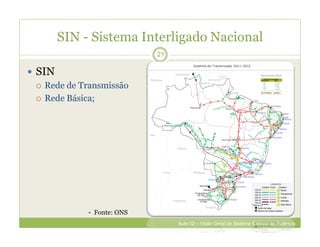 SIN - Sistema Interligado Nacional
21
 SIN
 Rede de Transmissão
 Rede Básica;
• Fonte: ONS
Aula 02 – Visão Geral do Sistema Elétrico de Potência
 