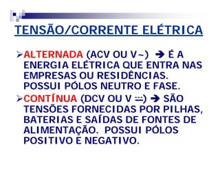 TENSÃO/CORRENTE ELÉTRICA 
ALTERNADA (ACV OU V~)  É A 
ENERGIA ELÉTRICA QUE ENTRA NAS 
EMPRESAS OU RESIDÊNCIAS. 
POSSUI PÓLOS NEUTRO E FASE. 
CONTÍNUA (DCV OU V ---)  SÃO 
TENSÕES FORNECIDAS POR PILHAS, 
BATERIAS E SAÍDAS DE FONTES DE 
ALIMENTAÇÃO. POSSUI PÓLOS 
POSITIVO E NEGATIVO. 
 