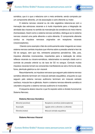 somática, que é o que o relaciona com o meio ambiente, sendo composto por
um componente aferente, um de associação e outro eferente ou motor.
O sistema nervoso visceral ou da vida vegetativa relaciona-se com a
inervação das estruturas viscerais e é muito importante para a integração da
atividade das vísceras no sentido da manutenção da constância do meio interno
(homeostase). Assim como o sistema nervoso somático, distingue-se no sistema
nervoso visceral uma parte aferente e outra eferente. O componente aferente
conduz os impulsos nervosos originados em receptores viscerais
(visceroceptores).
Citando como exemplo o fato de continuamente estar chegando ao nosso
sistema nervoso centrais impulsos que informa sobre a pressão arterial e teor de
O2 do sangue, sem que nós, entretanto possamos percebê-los. São, pois,
impulsos aferentes inconscientes, importantes para a realização de vários
reflexos viscerais ou víscero-somáticos, relacionados no exemplo citado com o
controle da pressão arterial ou da taxa de O2 no sangue. Contudo muitos
impulsos viscerais tornam-se conscientes manifestando-se sob a forma de sede,
fome, plenitude gástrica ou dor visceral.
Resumidamente, os impulsos nervosos que seguem pelo sistema nervoso
somático eferente terminam em músculo estriado esquelético, enquanto os que
seguem pelo sistema nervoso autônomo terminam em músculo estriado
cardíaco, músculo liso e glândula. Assim o sistema nervoso eferente somático é
voluntário enquanto o sistema nervoso autônomo é involuntário.
O esquema abaixo resume o que foi exposto sobre a divisão funcional do
Sistema Nervoso.
Sistema Nervoso Somático
Aferente (sensitivo) Receptores sensitivos (exteroceptores)
Associação Ligação entre o aferente e o eferente
Eferente (motor) Músculo estriado esquelético
Sistema Nervoso Visceral
 