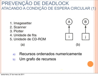 PREVENÇÃO DE DEADLOCK
ATACANDO A CONDIÇÃO DE ESPERA CIRCULAR (1)




               a)       Recursos ordenados numericamente
               b)       Um grafo de recursos

                                             21

sexta-feira, 27 de maio de 2011
 